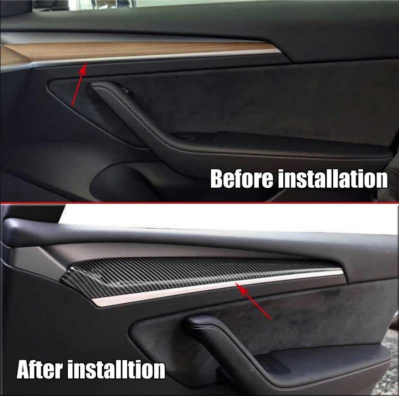 Tesla Model 3/Y Carbon Fiber Style Door Panel Trim, Anti-Scratch Cover (2021-2025, not Juniper)