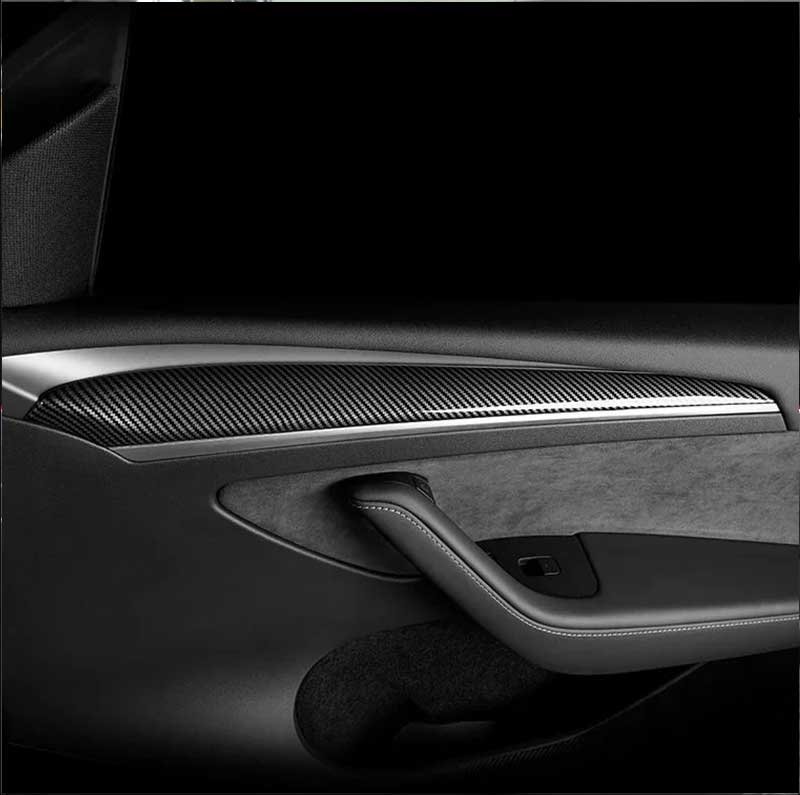 Tesla Model 3/Y Carbon Fiber Style Door Panel Trim, Anti-Scratch Cover (2021-2025, not Juniper)