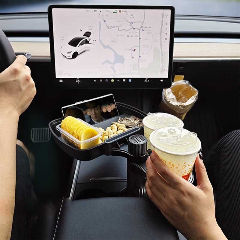 Tesla Model Y/3 Center Console Tray with Cup Holder, Rotating Dining Table for Road Trips