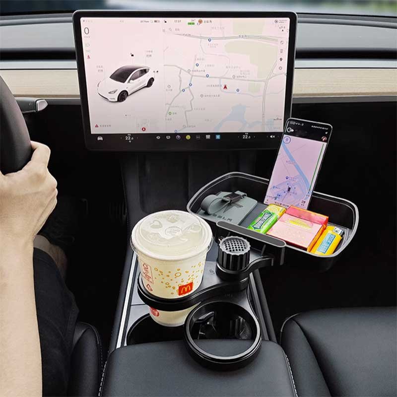 Tesla Model Y/3 Center Console Tray with Cup Holder, Rotating Dining Table for Road Trips