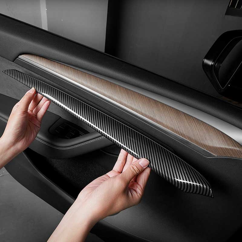 Tesla Model 3/Y Carbon Fiber Style Door Panel Trim, Anti-Scratch Cover (2021-2025, not Juniper)