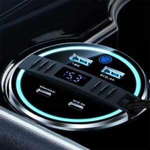 Tesla Model 3/Y Cup Holder USB Hub, 65W Fast Charger with LED Display, 4-Port Dock
