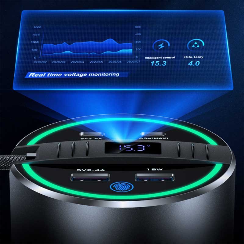 Tesla Model 3/Y Cup Holder USB Hub, 65W Fast Charger with LED Display, 4-Port Dock