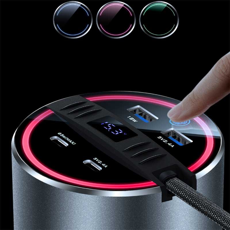 Tesla Model 3/Y Cup Holder USB Hub, 65W Fast Charger with LED Display, 4-Port Dock