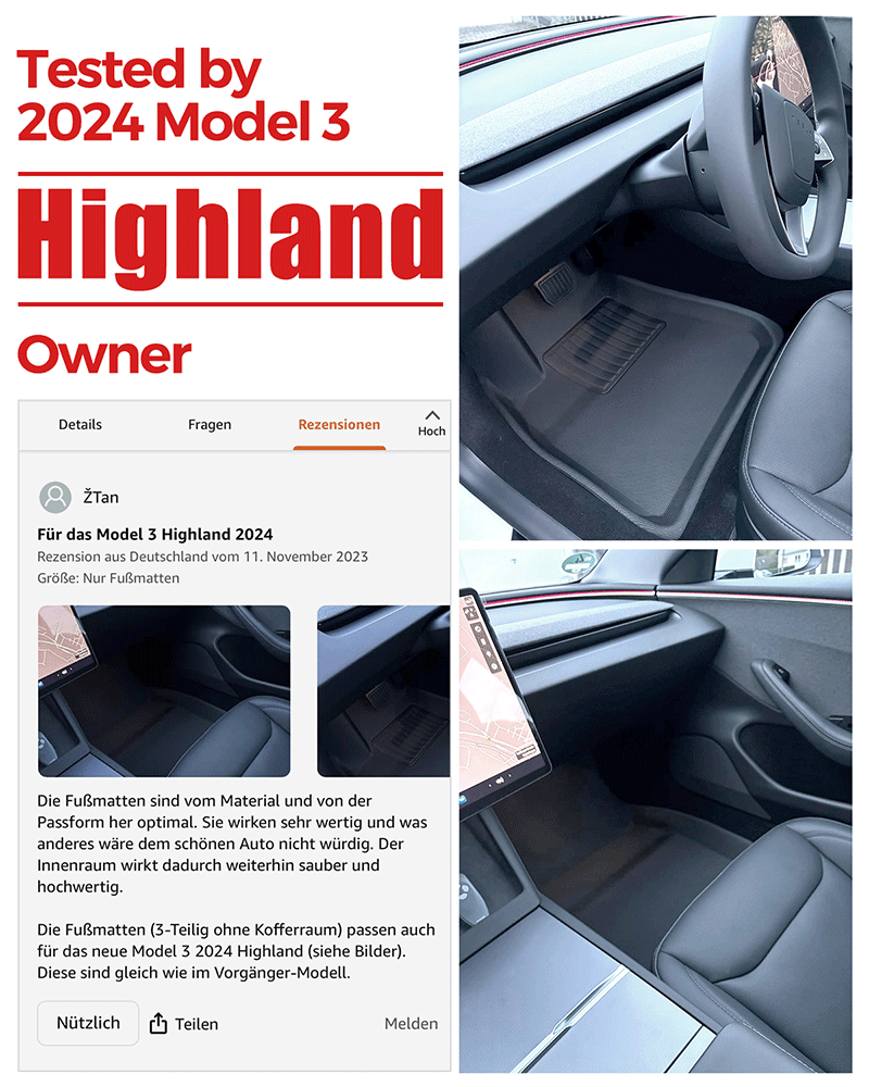 Tesla Model 3 Highland Floor Mats 2024-2026, All-Weather XPE, Custom Full Coverage (Performance)
