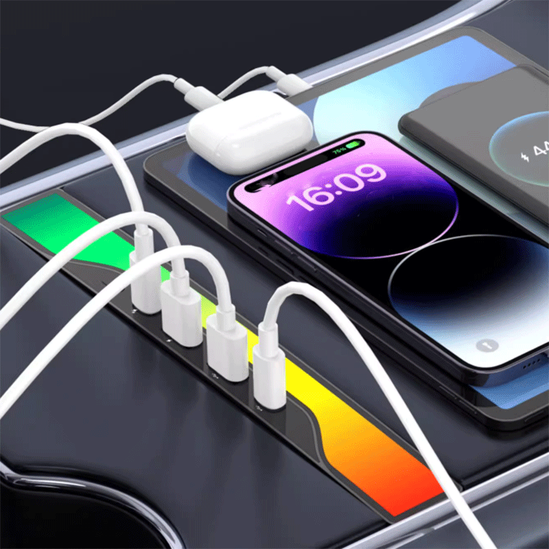 Tesla Model 3/Y Ambient Light Console Dock with USB Charging Ports, Music-Sync LED