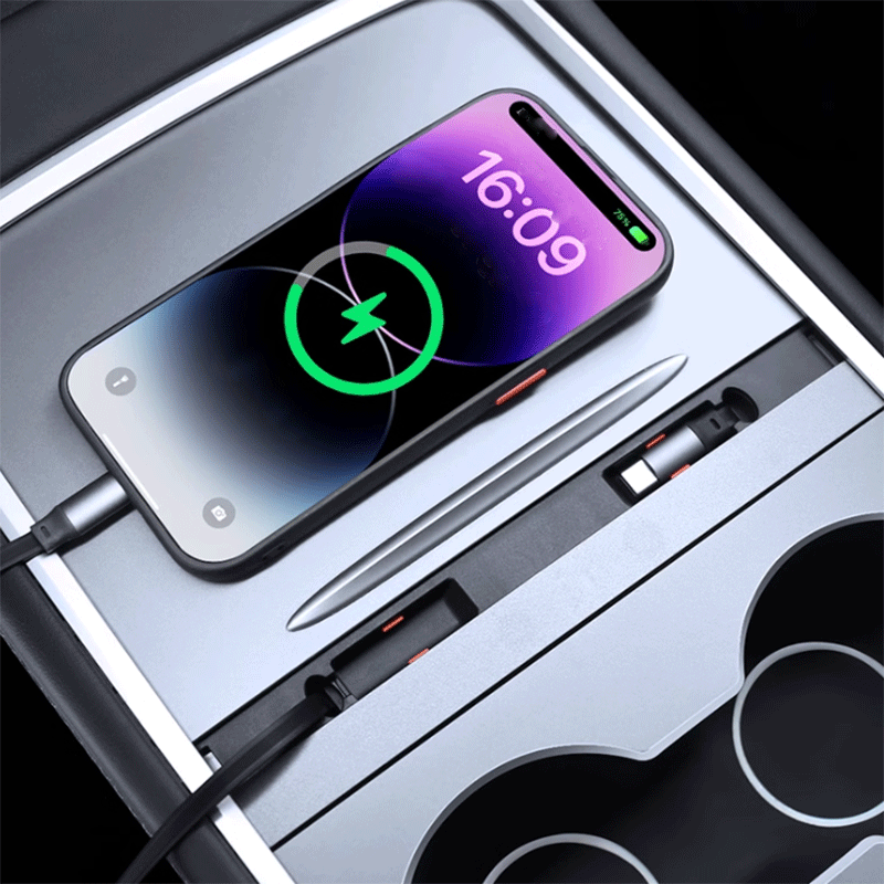 Tesla Model 3/Y Center Console Hidden Charging Dock, Sliding-Cover Organizer with 27W USB-C Cable